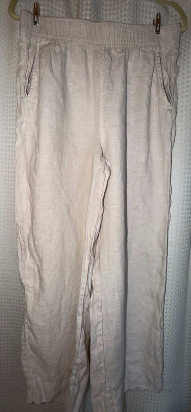 Tahari Linen Pants Medium Beige Elastic Waist Resort Coastal Chic